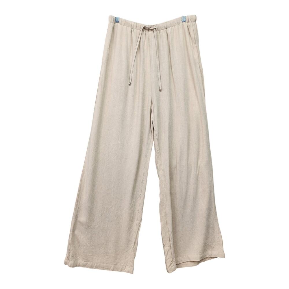 NWT Lillusory Wide Leg Pants Women Large Beige Linen Rayon Boho Elastic Lounge - Picture 2 of 12